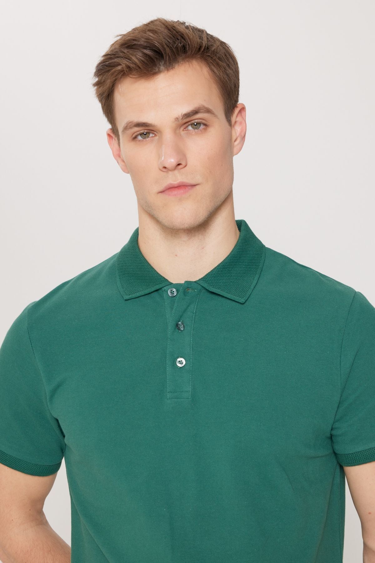 Men's Dark Green 100 %Cotton Curlled Pike Polo Yaka Slim Fit Narrow Cut T -shirt