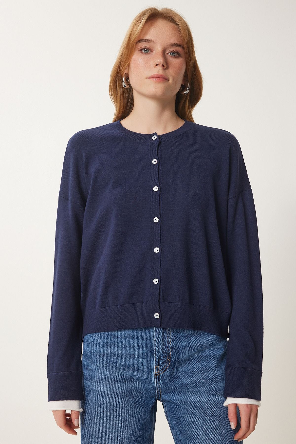 Women's Navy Blue Contrast Ribbon Detail Triko Cardigo US00953