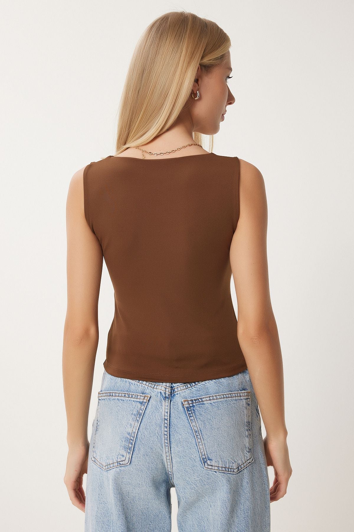 Female Biscuit Brown Sleeveless 2 Plot Sandy Blouse AN00227