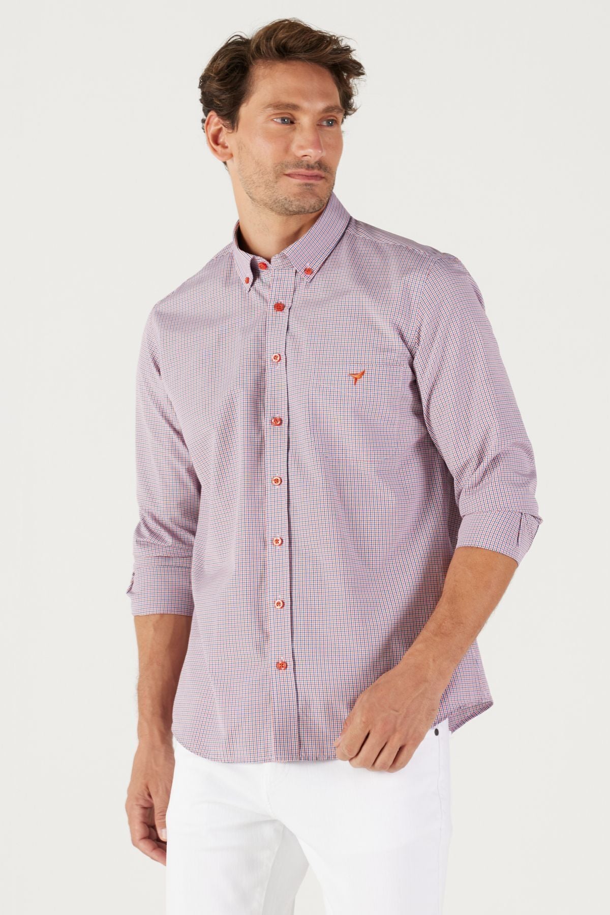 Men's navy blue-red slim fit narrow cut buttoned collar logo cotton pocket striped shirt
