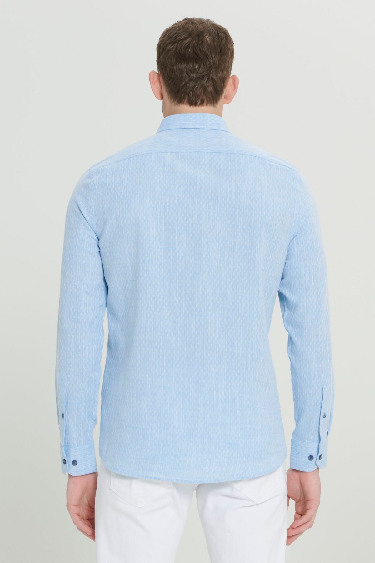 Men's Light Blue Slim Fit Narrow Cutting 100 %Cotton Ameful Buttoned Button Casual Shirt