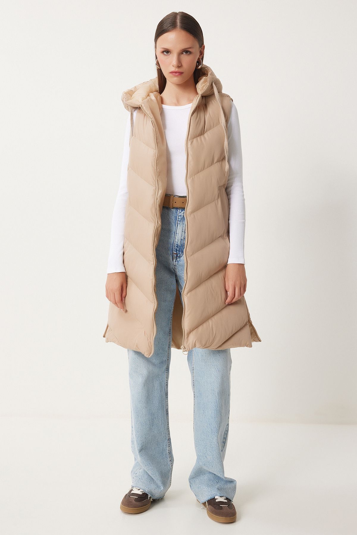 Women's cream hooded long swelling vest RV00031