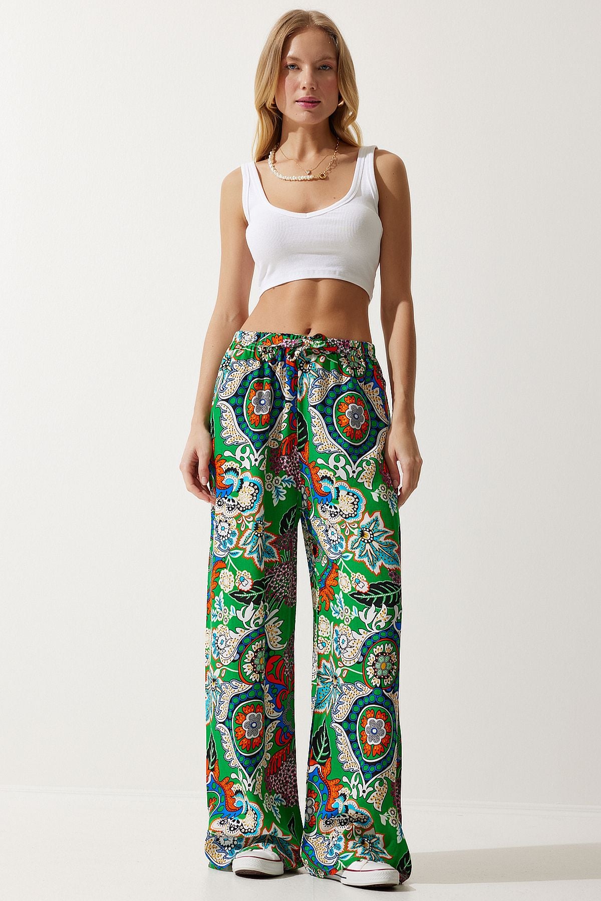 Female Green Orange Patterned Viscose Palazzo Pants EN00606