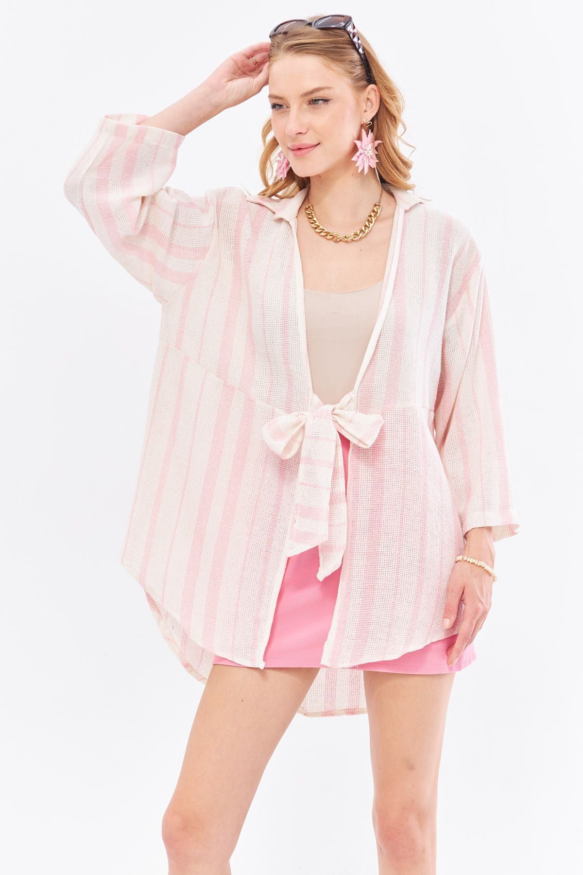 Woman Pink striped front-binding kimono shirt ARM-24Y001091