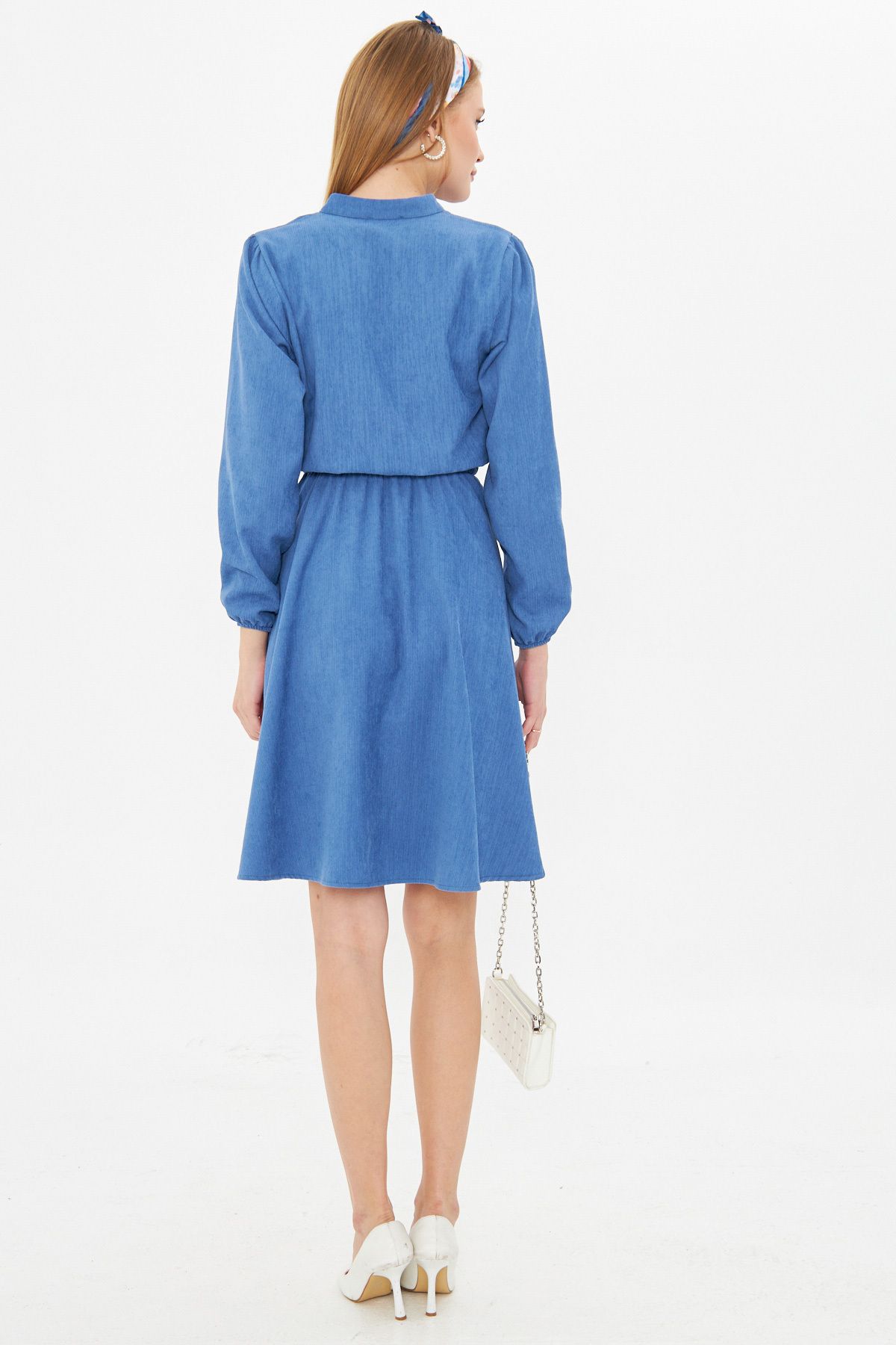 Female indigo velvet v-neck waist tire thin wniplous dress ARM-25K001049