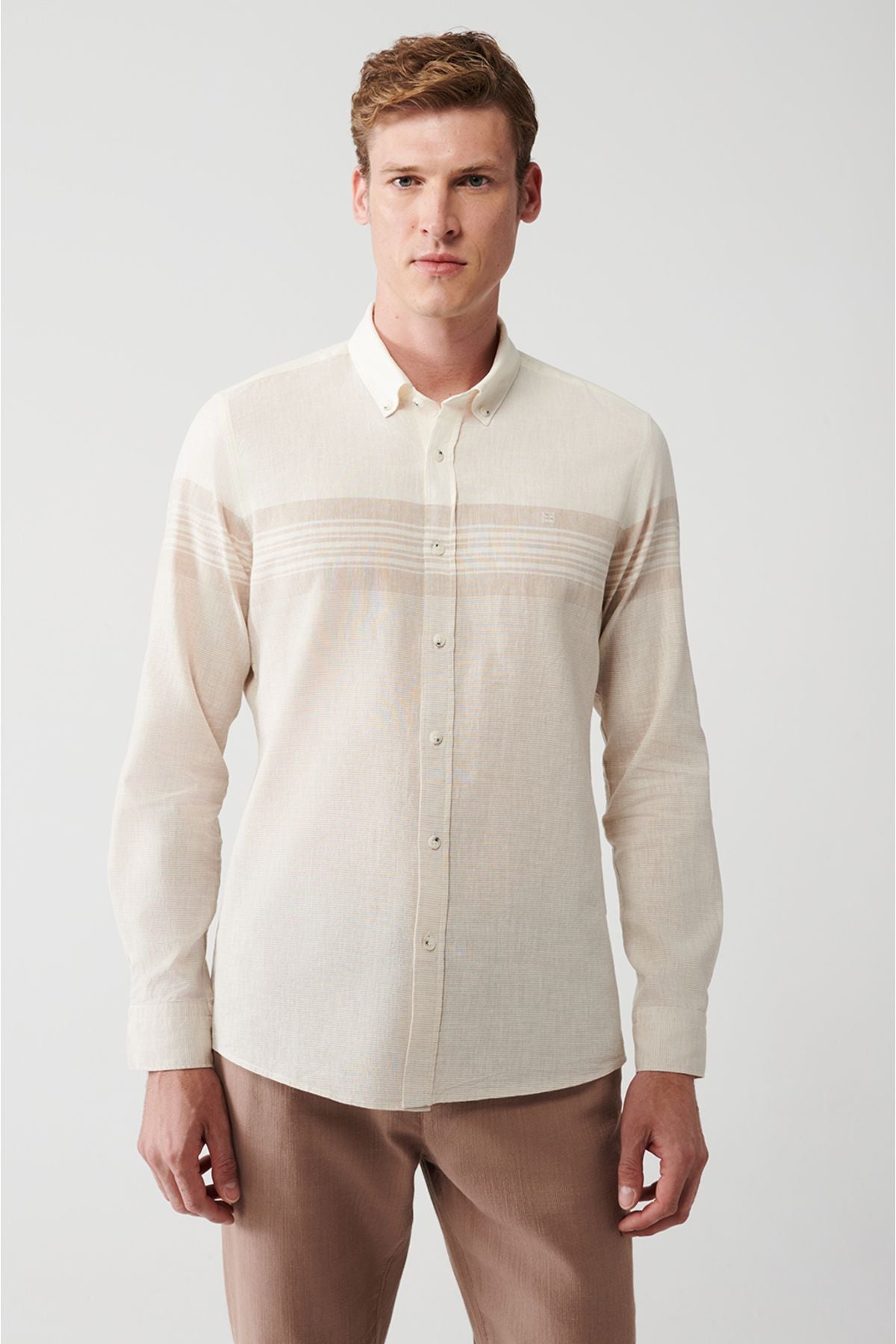 Men's beige cotton linen mixed striped shirt A31y2270