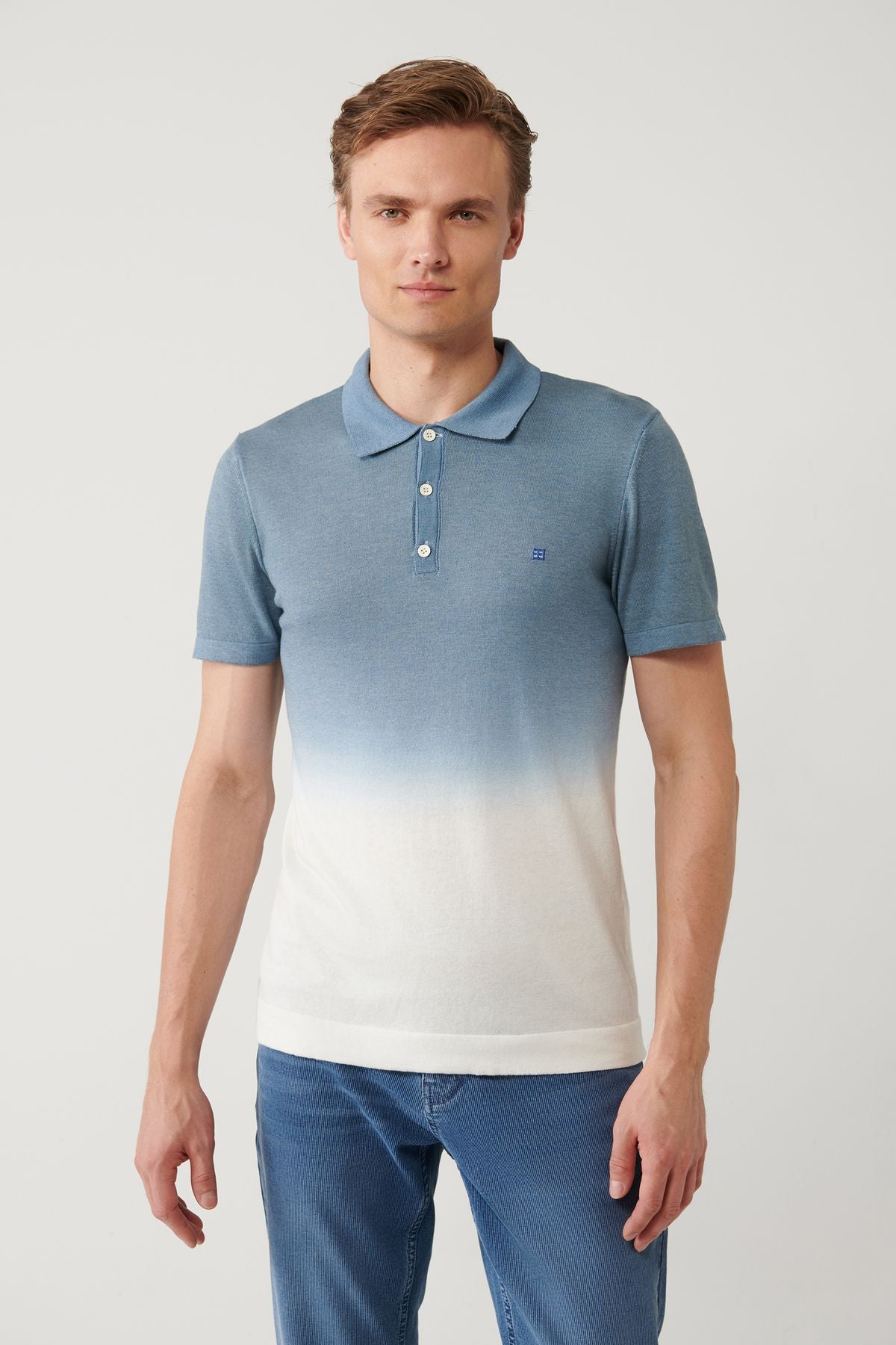 Erkek Indigo 3 Düğmeli Garment Dyed Polo Yaka Trico T-Shirt A41Y5068