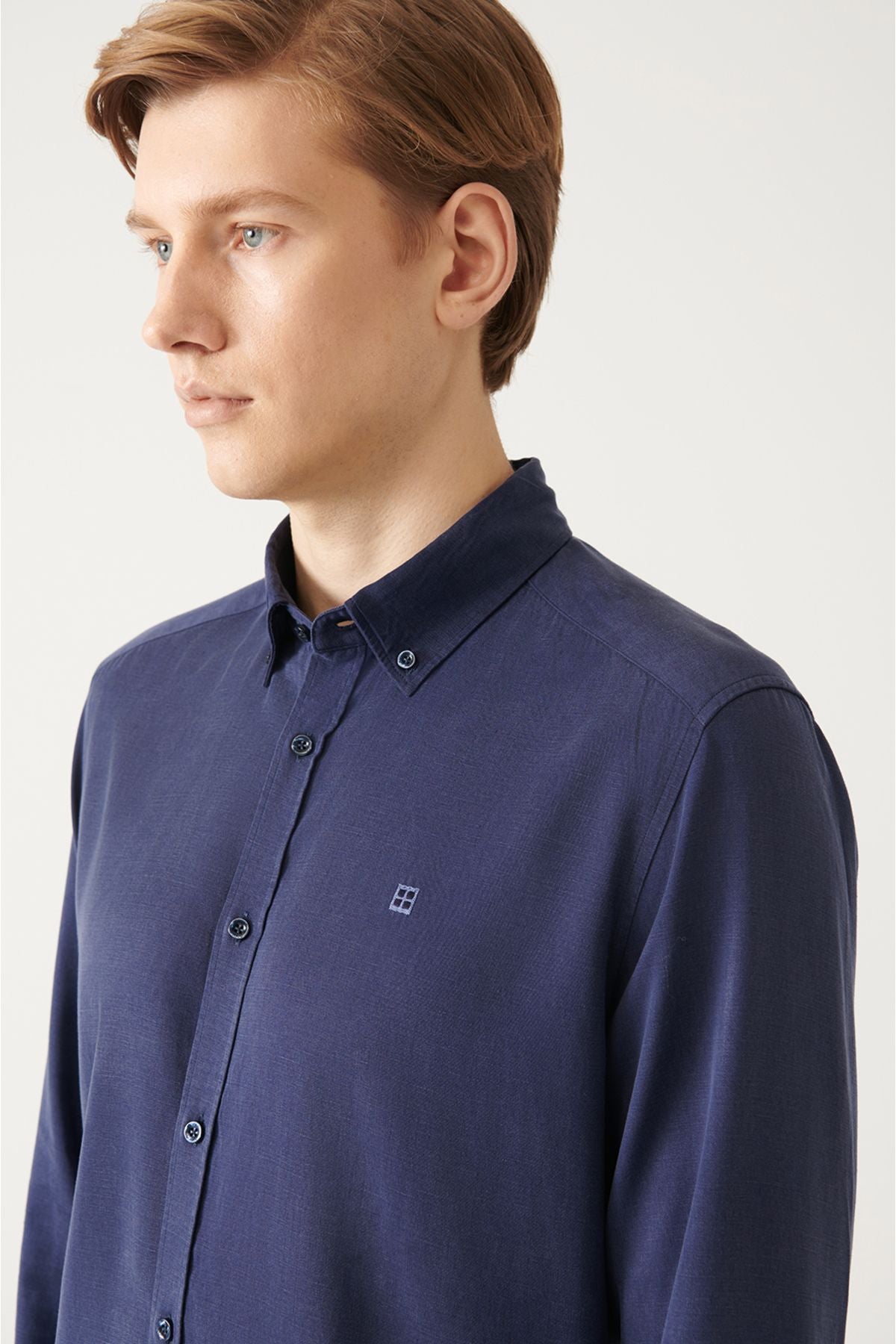 Navy blue button collar comfort fit Tensel shirt B002001