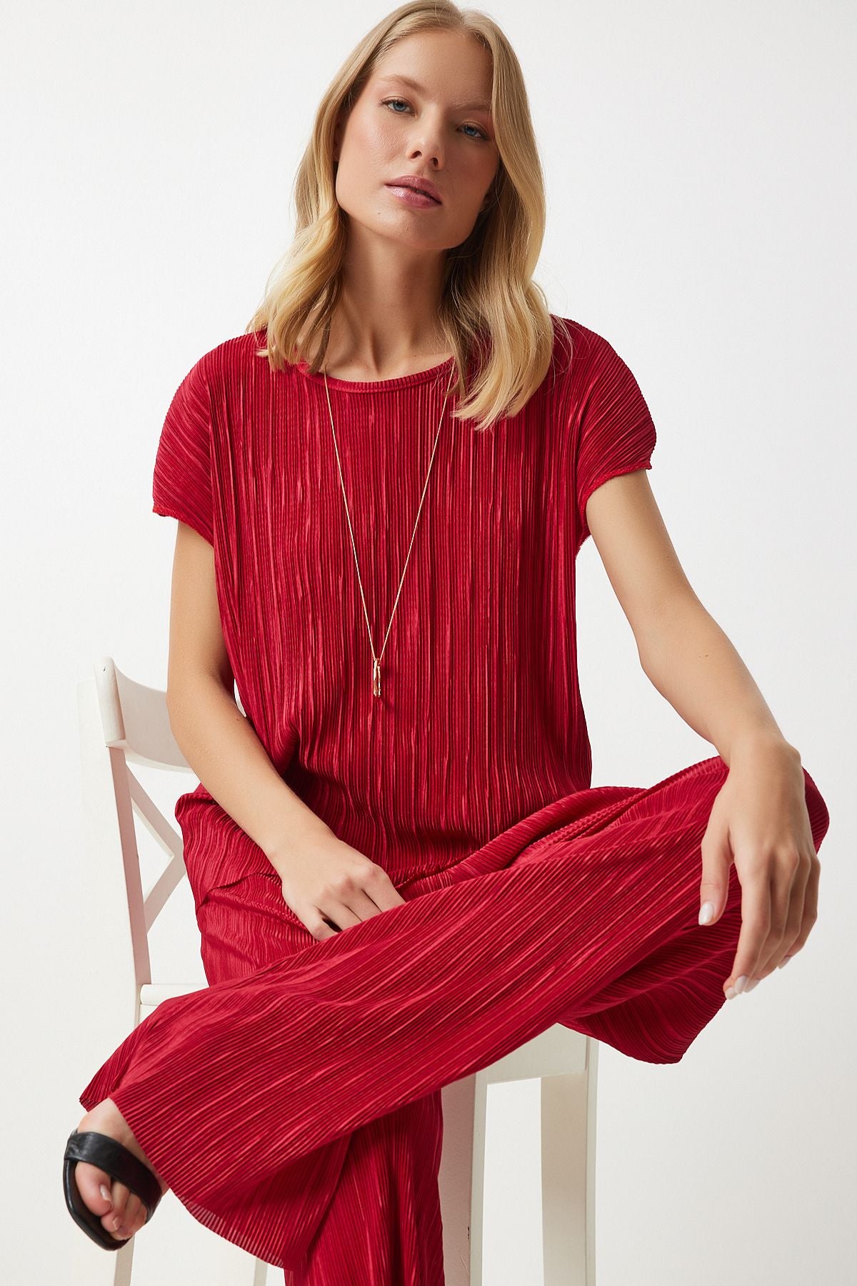 Female Red Pilica Casual Blouse Pants Set Mc00283