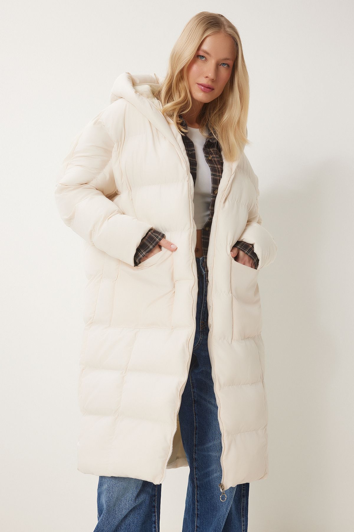 Women's bone hooded oversize long swelling coat NT00428