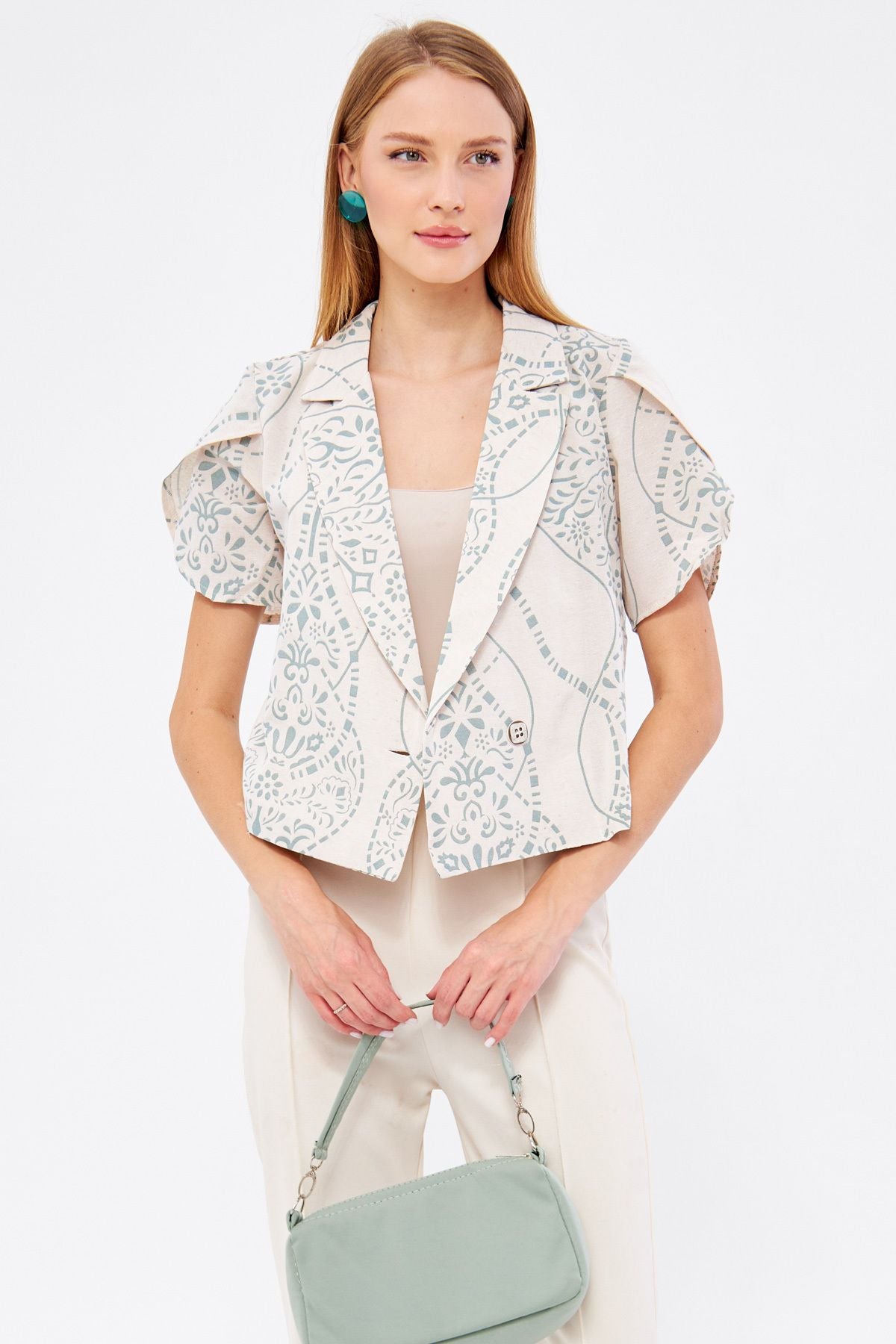 Female Mint-White Linen-Looking Patterned Lever Slit Crop Short Sleeve Jacket ARM-24Y001095