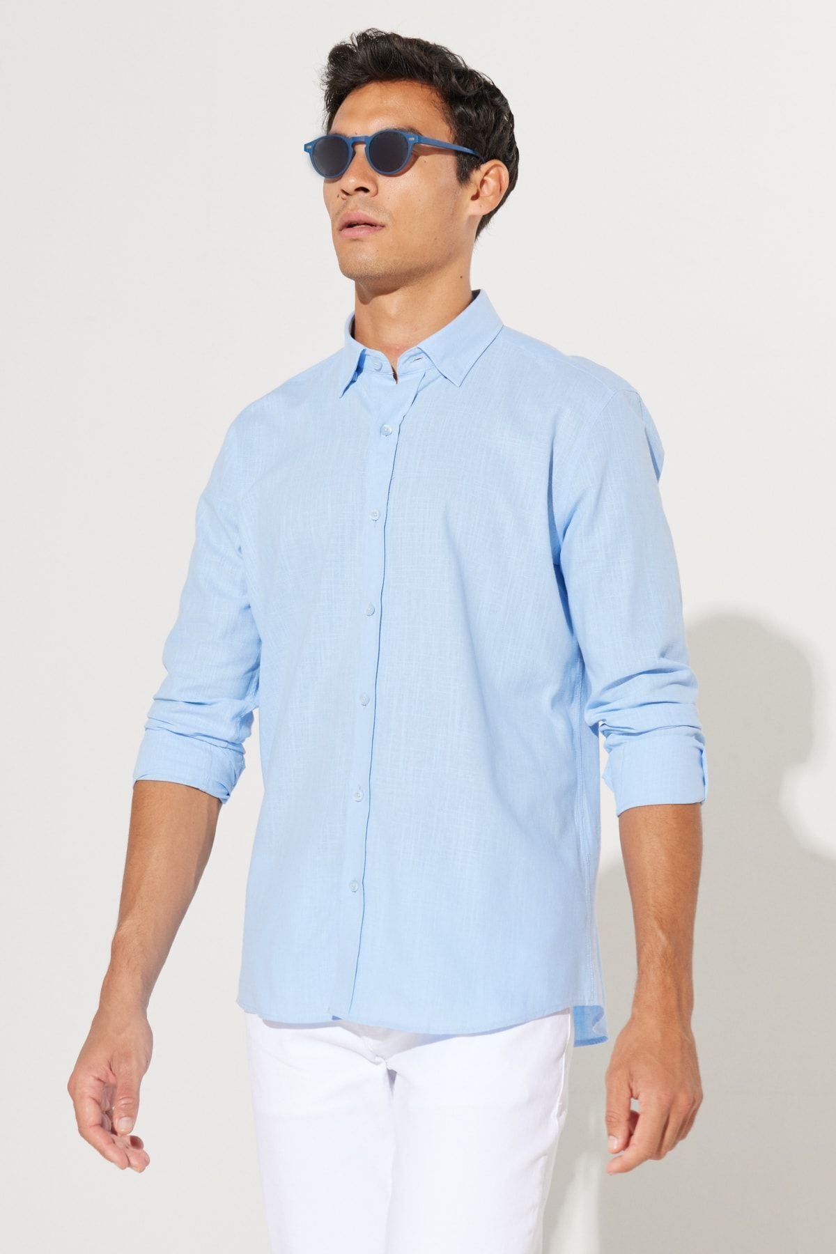 Men's blue 100 %cotton breathing fabric oxford slim fit button with collar pennant shirt