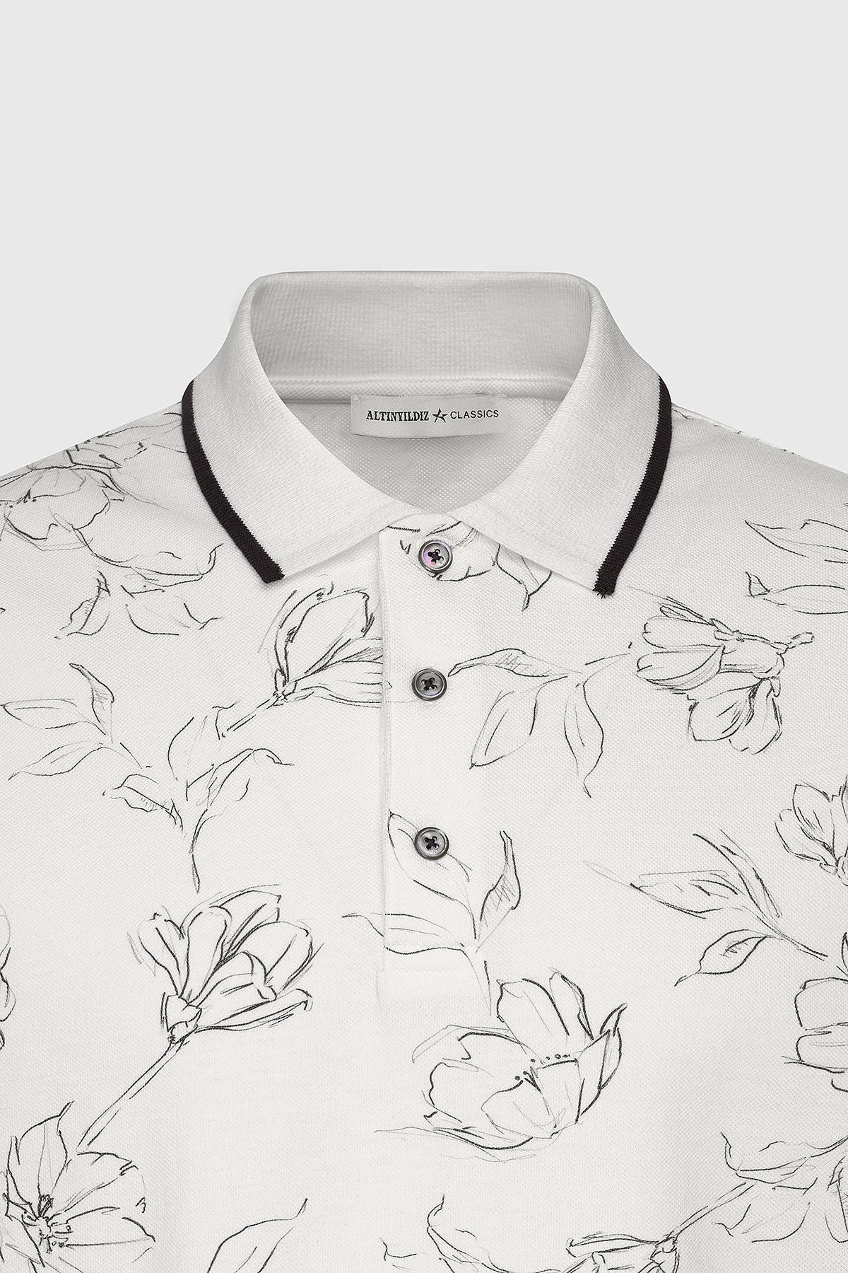 Men's white-lacivert slim fit narrow cut 100 %cotton flower printed polo collar t-shirt