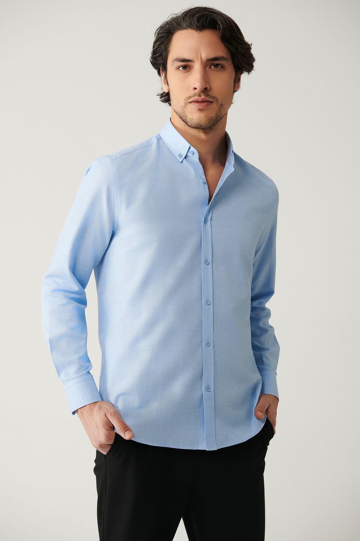 Men's blue button collar easily ironed cotton Oxford Shirt E002000