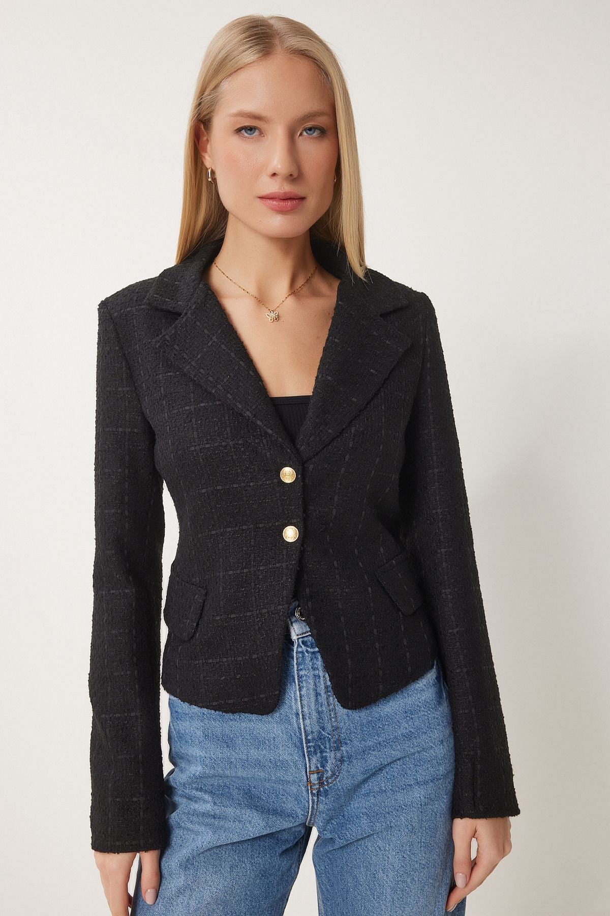 Female Black Dore Button Tüvit Woven Jacket WF00091