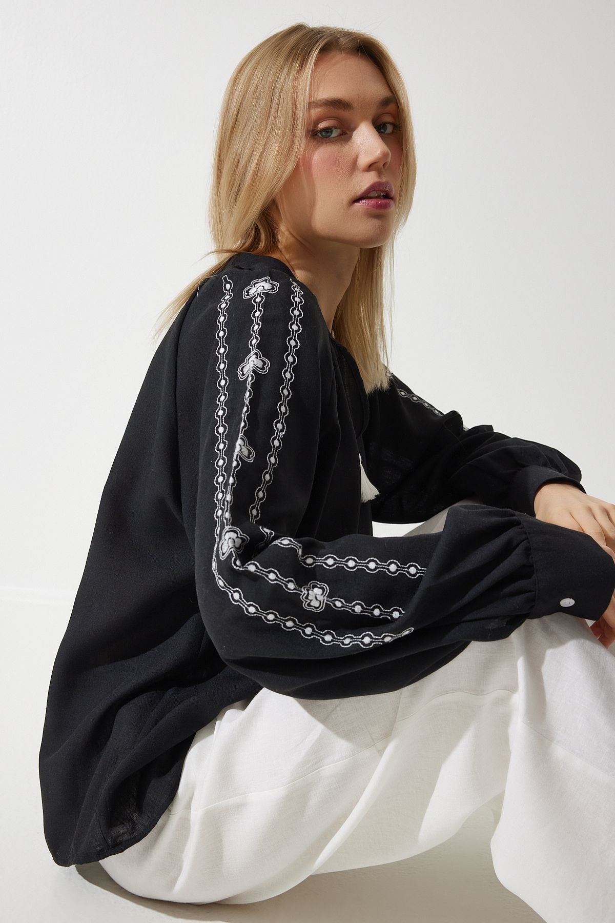 Female Black Embroidered Oversize