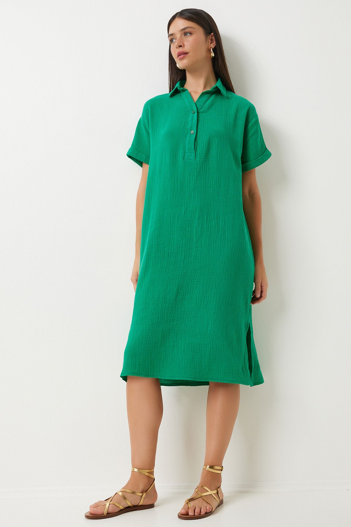 Woman Green Polo Yaka Summer Plenty Muslin Dress to00135