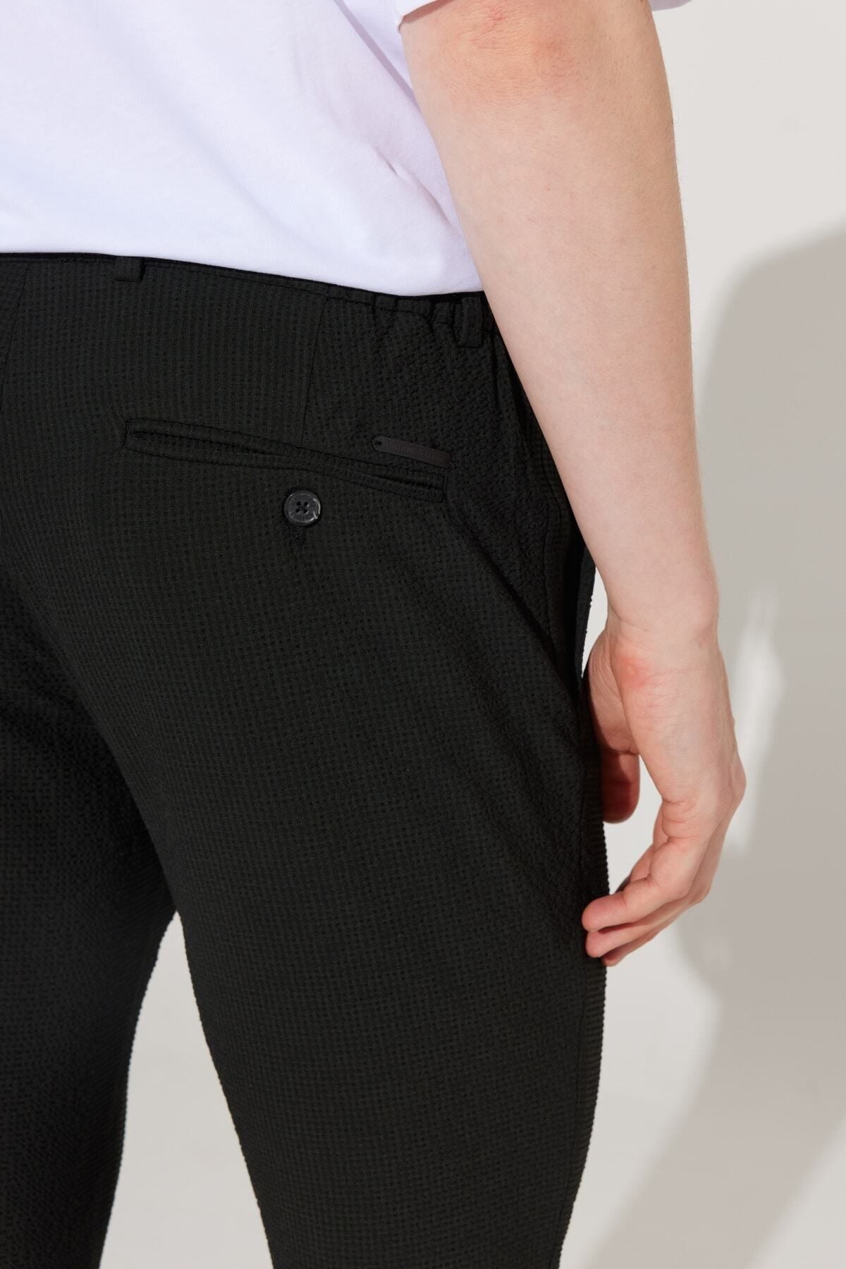Men's black slim fit narrow -cut waffle patterned flexible waist tied trousers