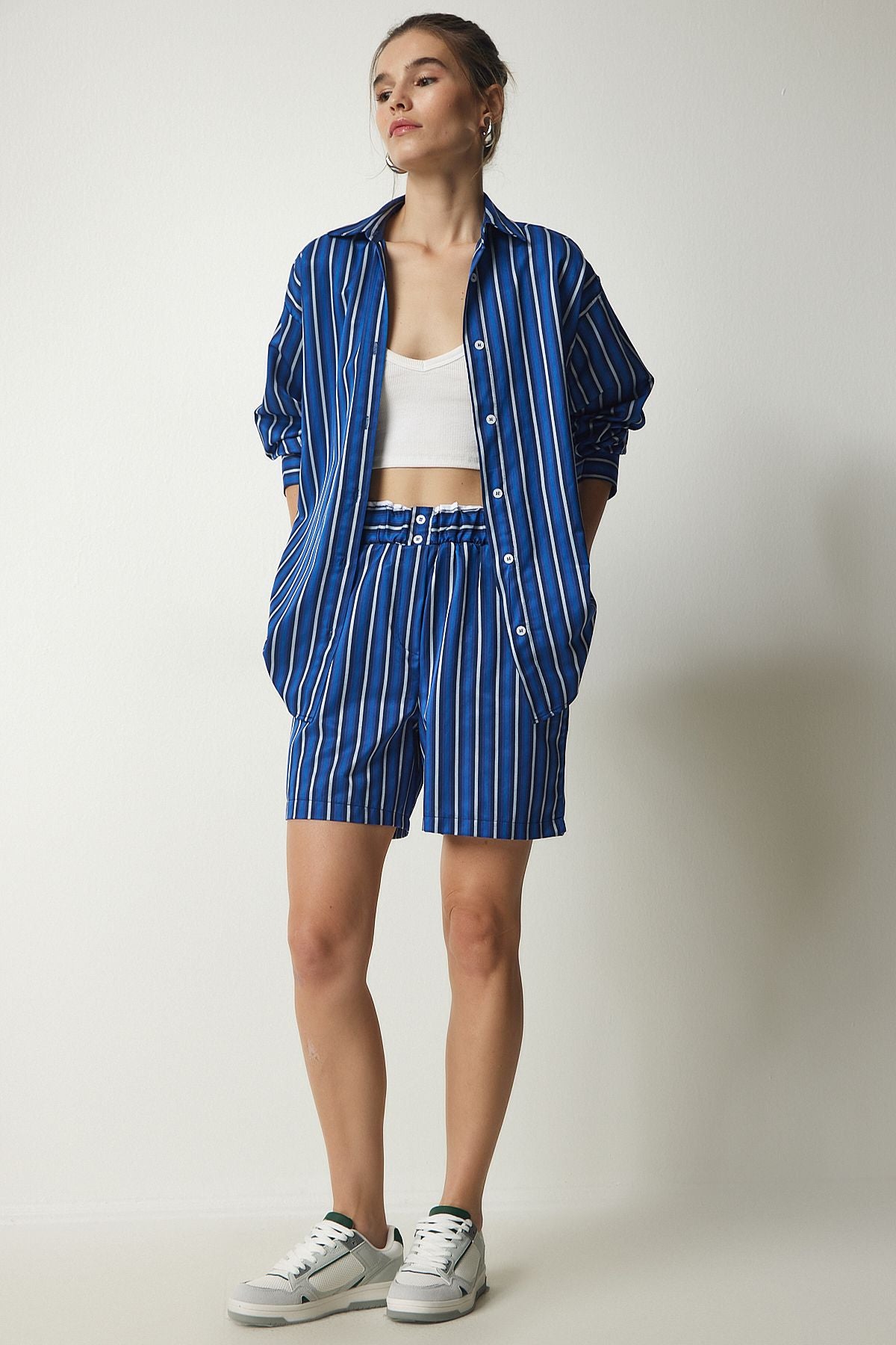 Women's Blue Striped Satin Surface Shirt Short Set US00914