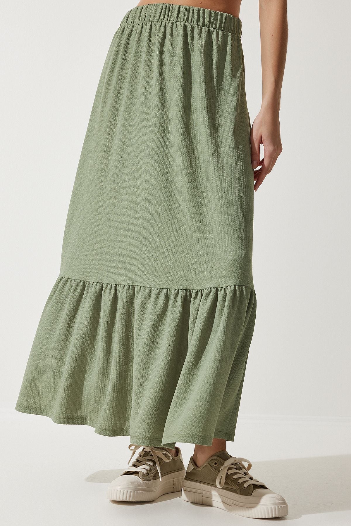 Women's Cagla Green Flased Summer Midi Skirt DD01231