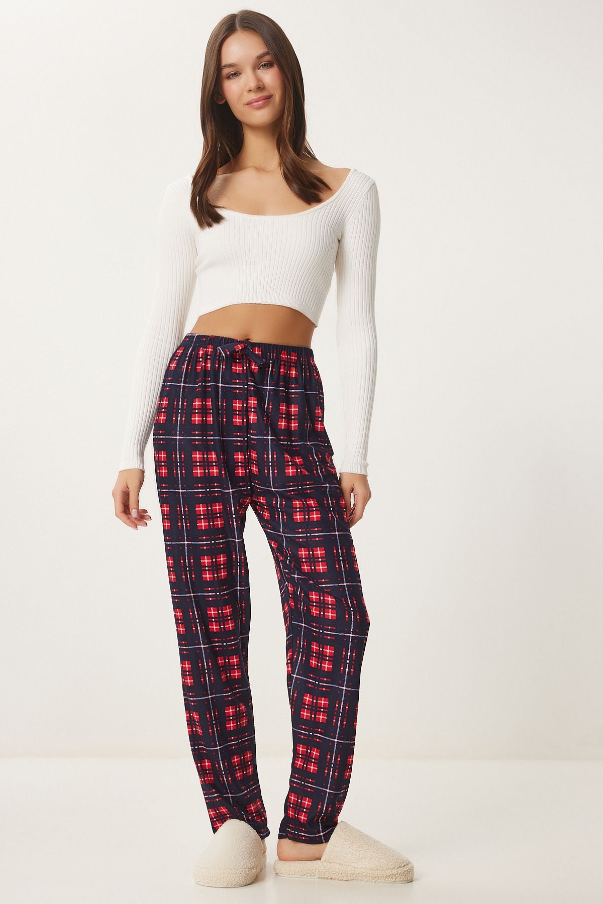 Woman Navy blue Red Patterned Soft textured knitted pajamas Six Ce00089