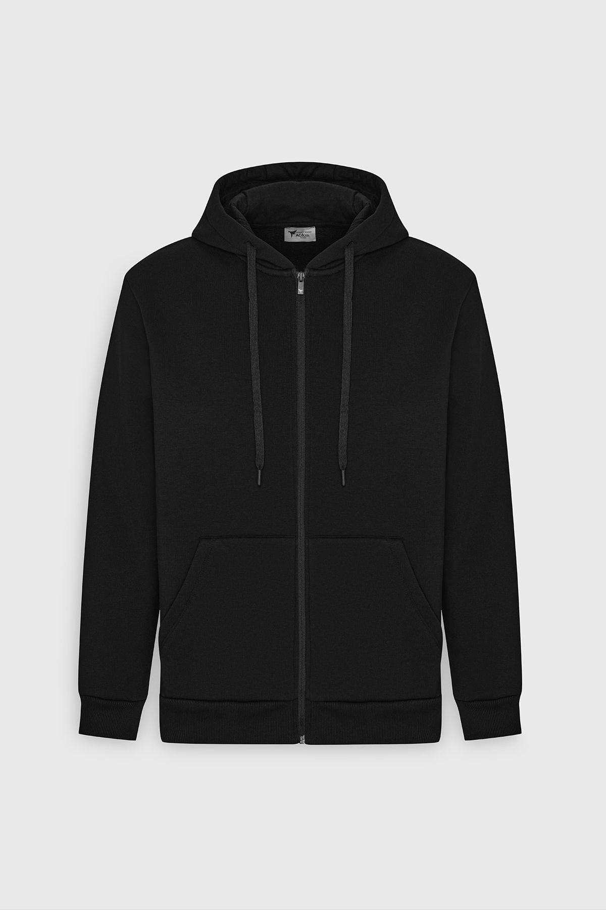 Men's Black Standard Fit Normal Cutting Içi Polar 3 -Tick Hoped Zippered Sweatshirt Jacket