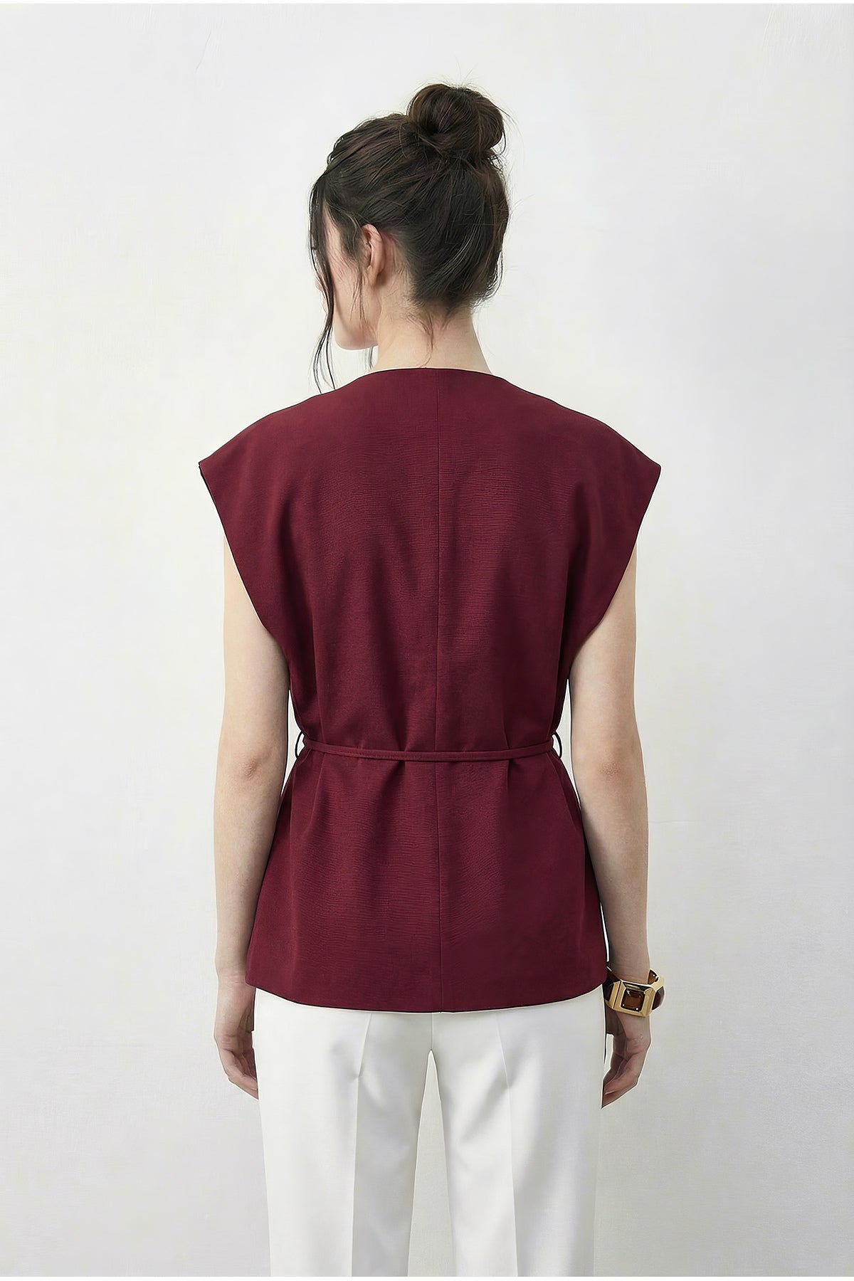 Women's Stylish Buttoned Belted Woven Vest 11145 60283987