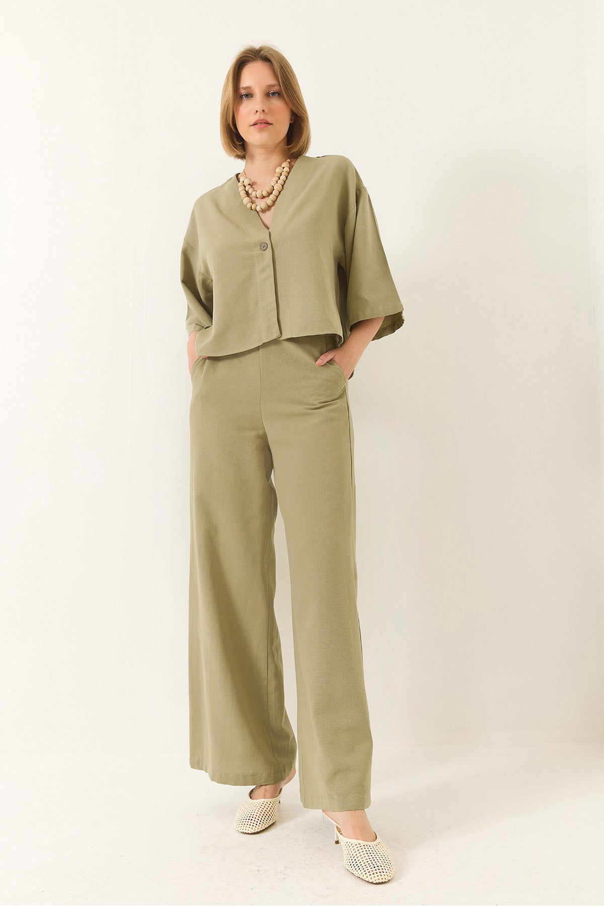 Women's V-Neck Bat Sleeve Linen Kimono Palazzo Top and Bottom Set with Trousers 9295 60281019