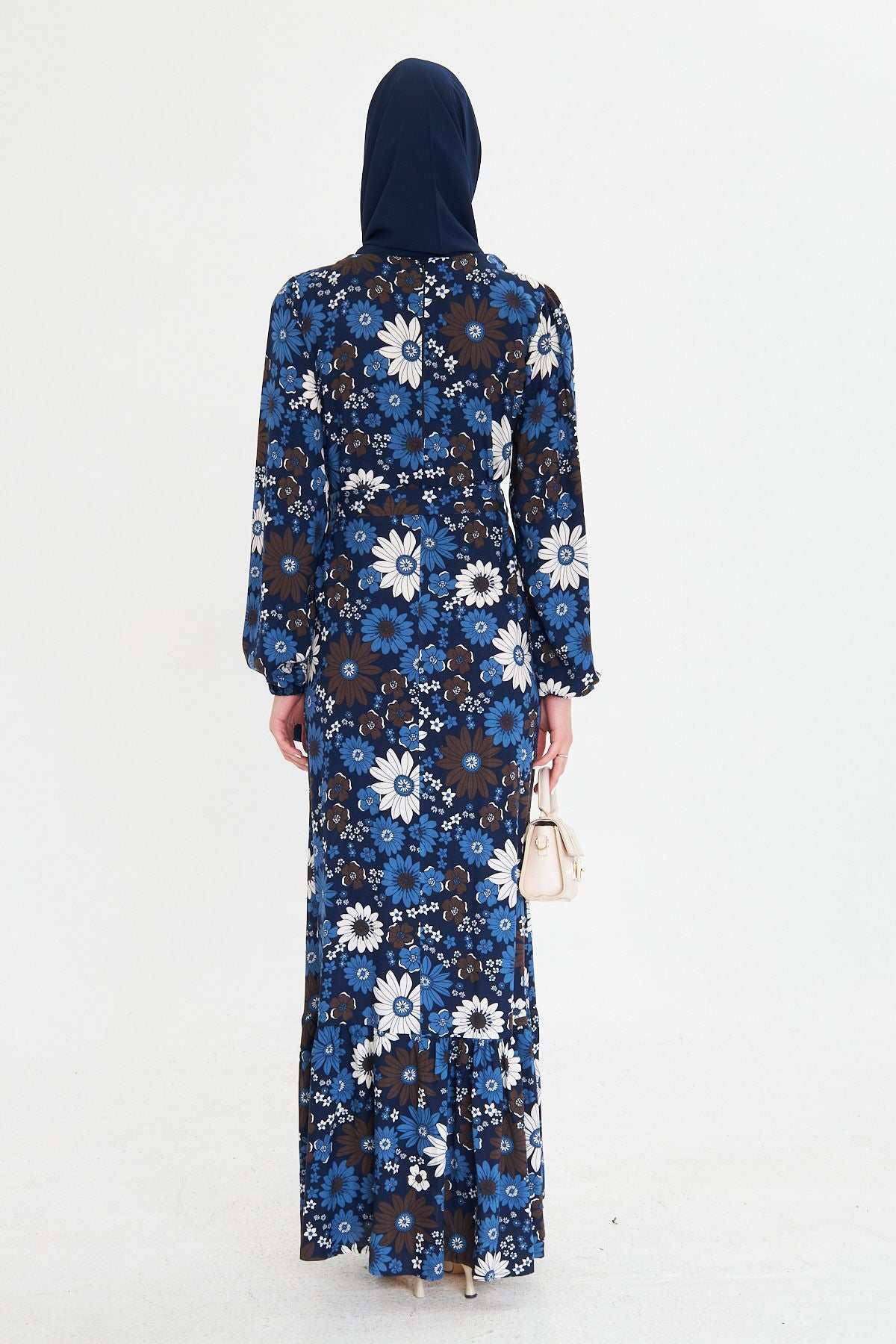 Woman Blue Zero Near Back Zipper Skirt Long Hijab Dress with Ruffle Born Arm-25k001101