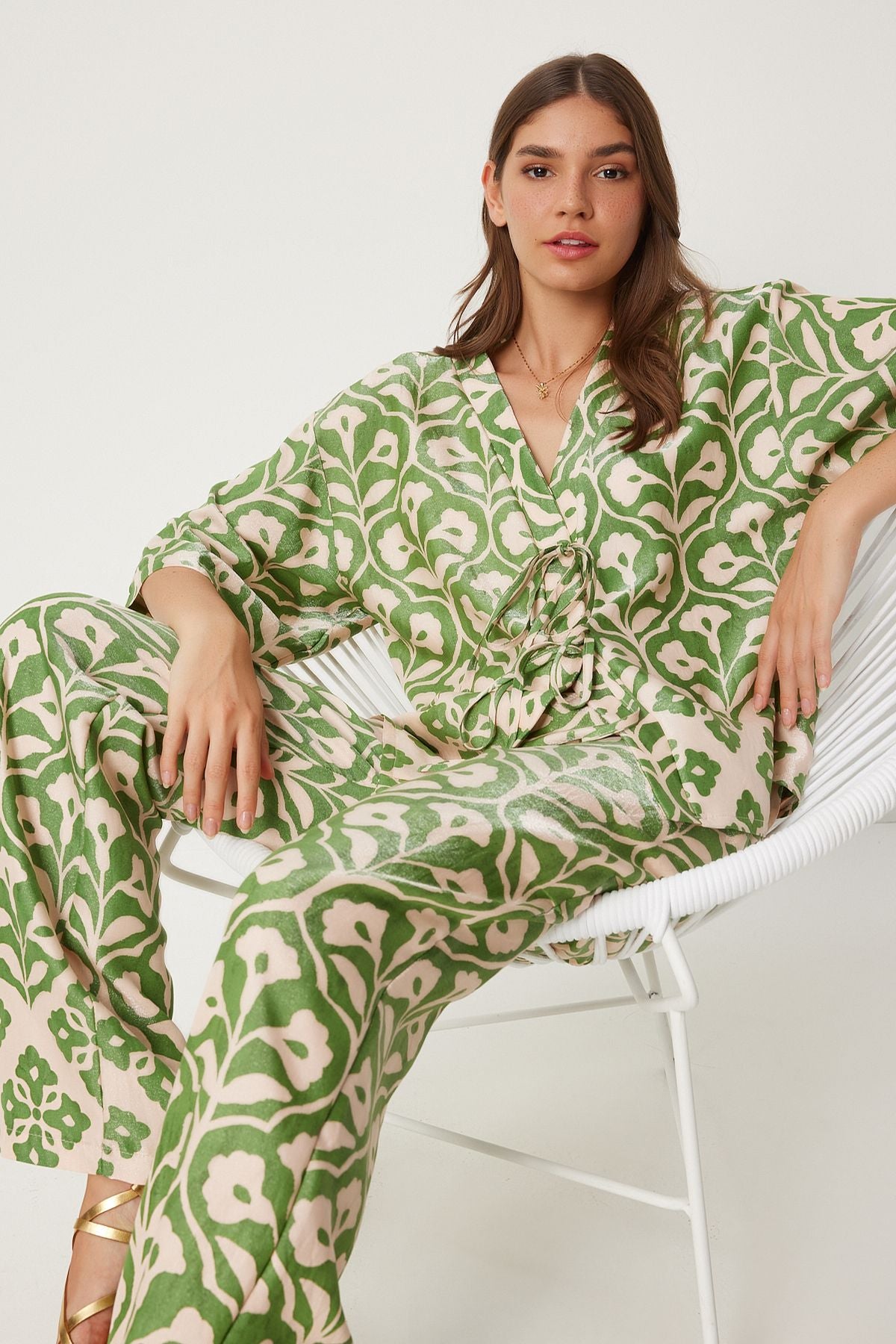 Female Green Cream Patterned Viscose Blouse Palazzo Set FN03278