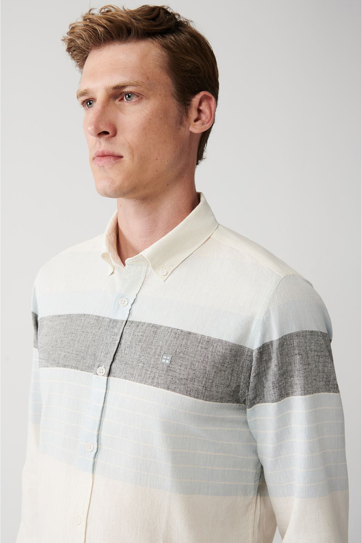 Men's white cotton linen mixed buttoned collar striped shirt A31y2267