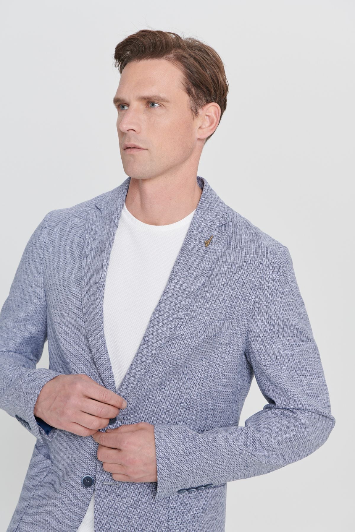 Men's navy blue slim fit narrow cutting linen patterned mono collar bag pocket blazer jacket