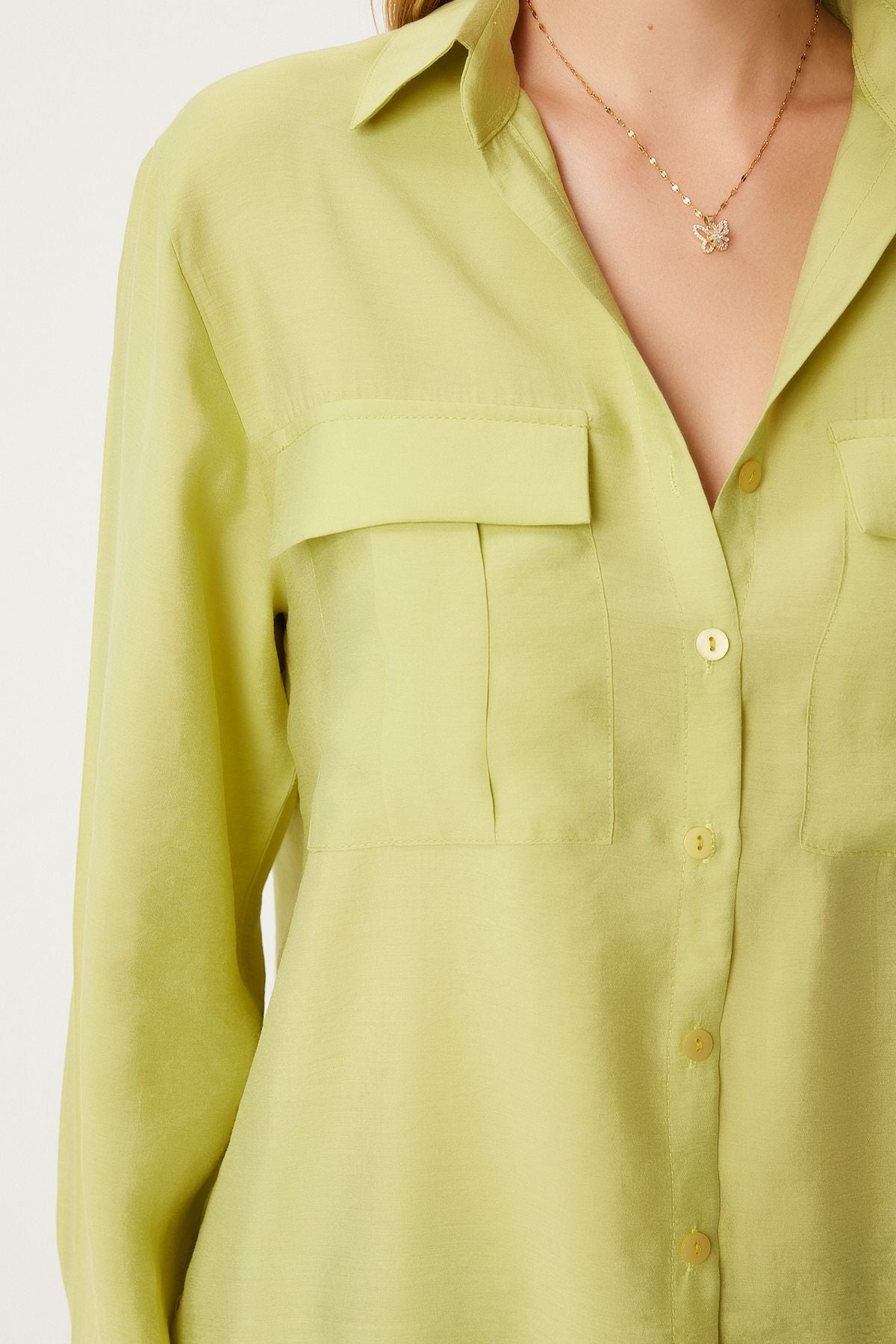 Women's Fat Green Wide Pocket Tensel Shirt FN03243