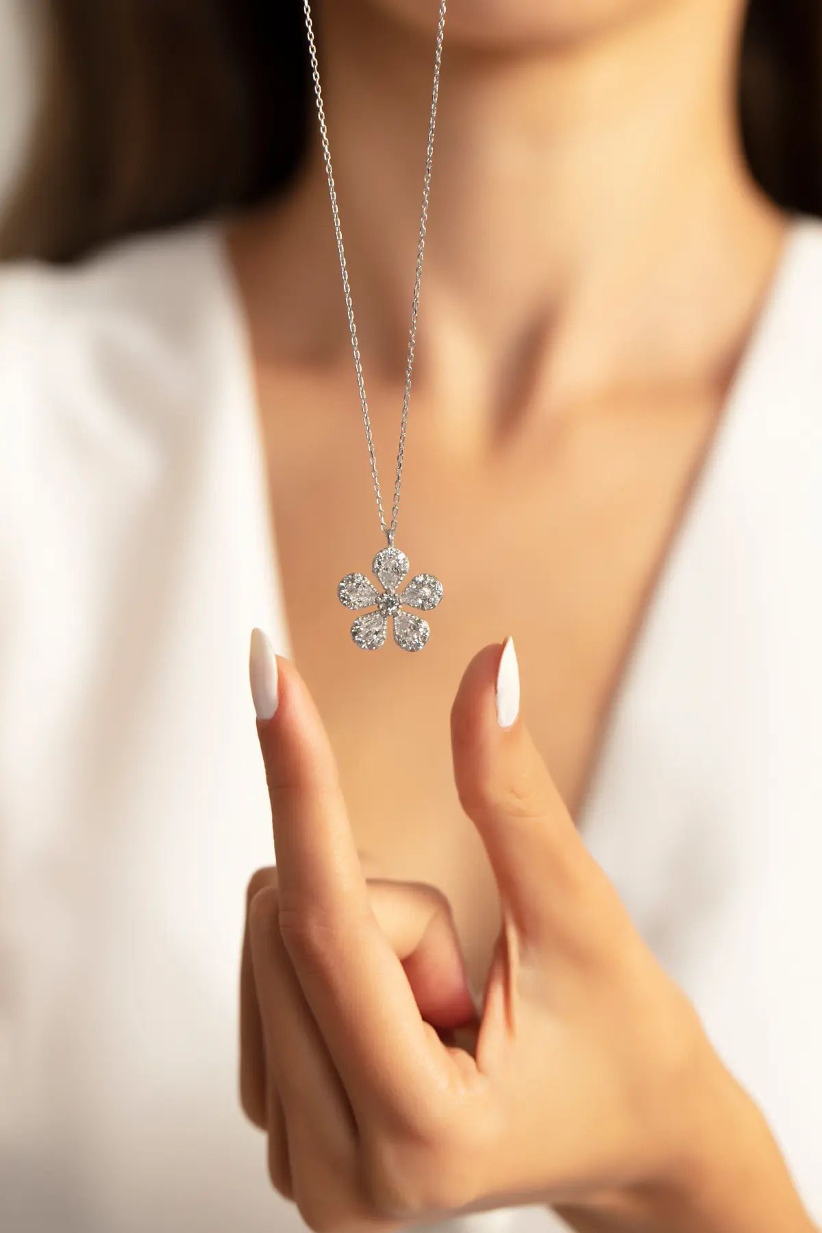 White Drop Stone Flower Silver Plated Women Necklace