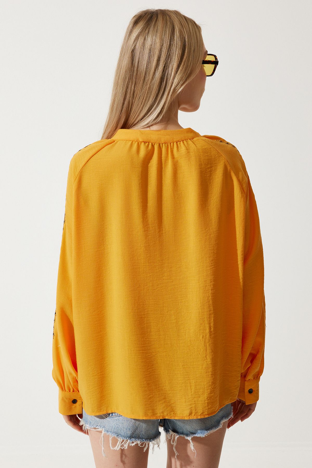 Female Orange Embroidered Oversizle Flax Blouse RG00038