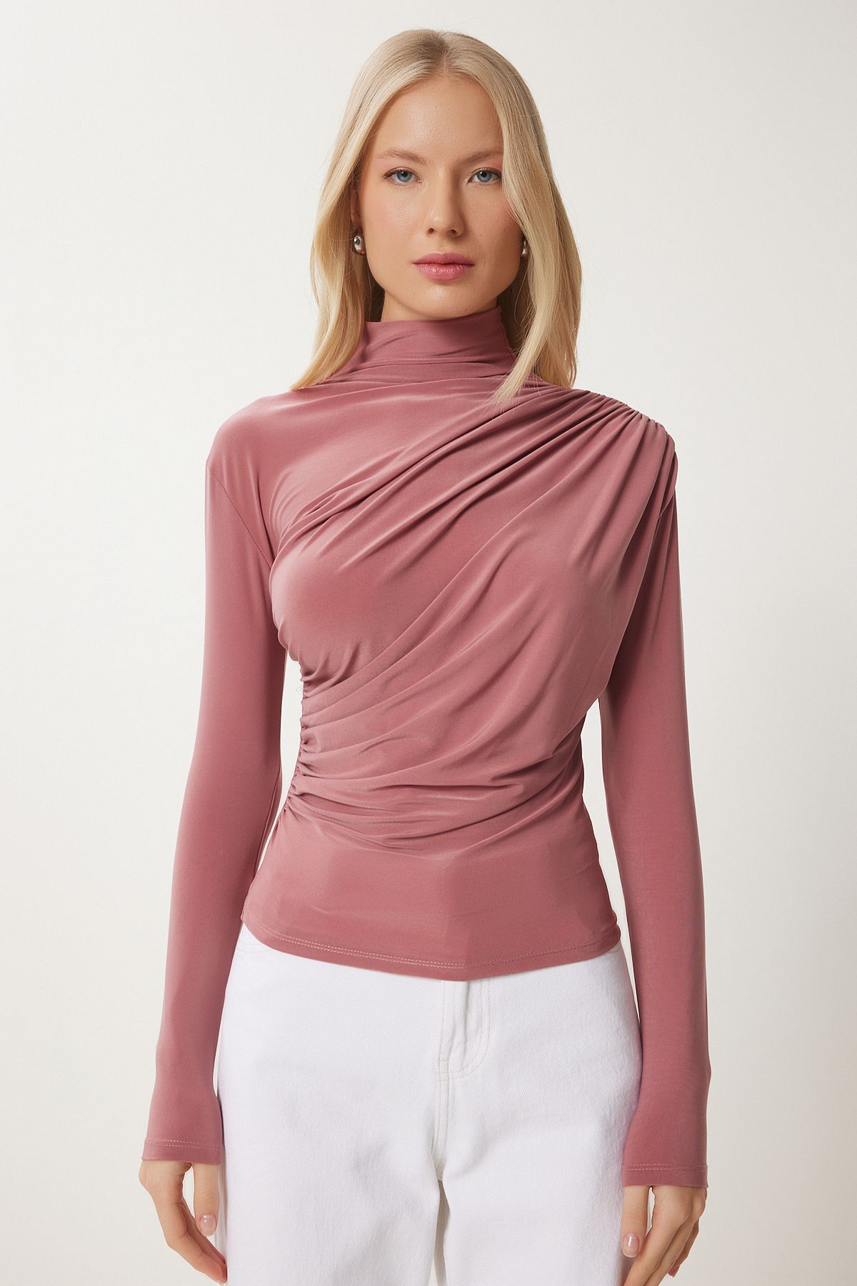 Female rose dry shirring detailed upright collar sandy blouse ff00135