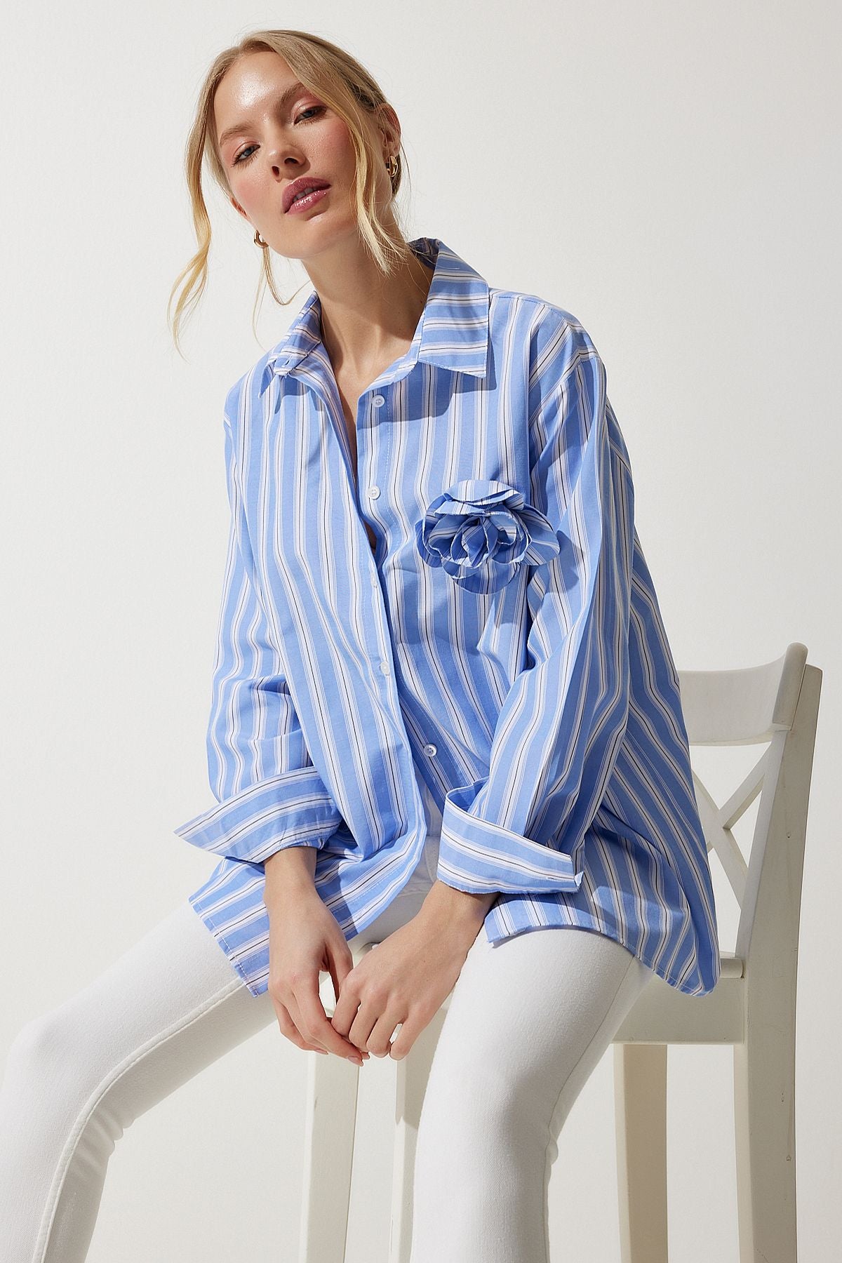 Woman Sky Blue Premium Flower Brooch Detailed Shirt UL00015