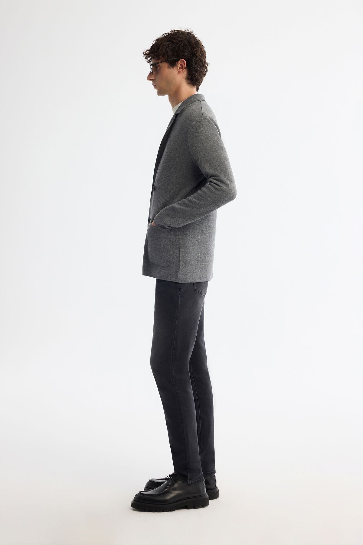 Men's Gray Mono Yaka Cruishery Pocket Wool Triko Jacket A42Y5153