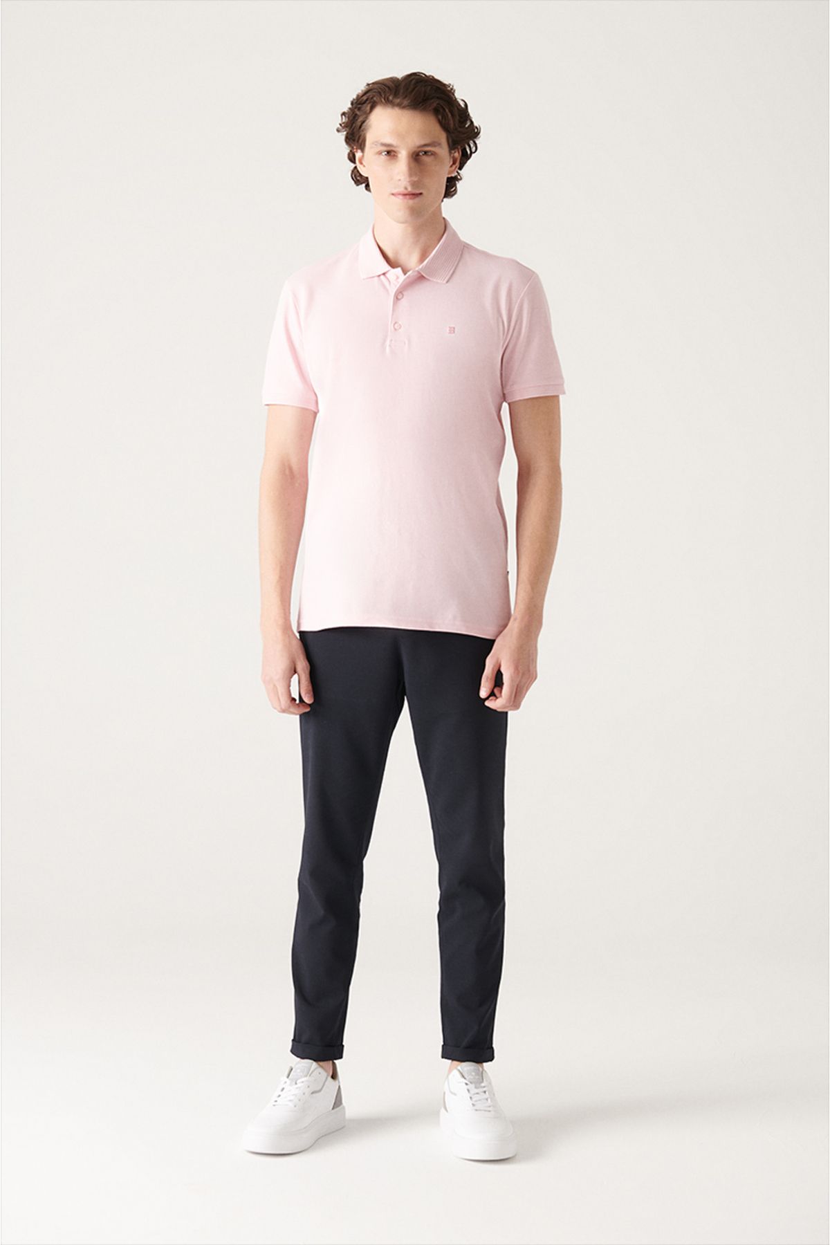 Men's light pink 3 button 100 %corn cotton Polo Yaka T-shirt B001027