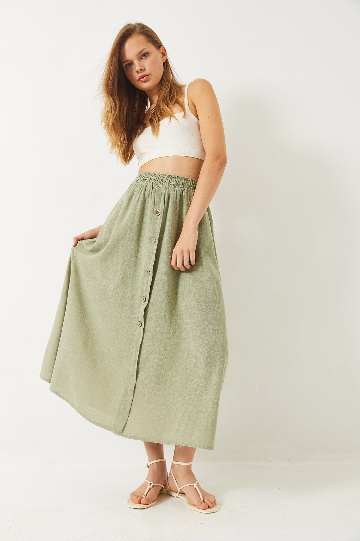Women's Button Detailed, Elastic Waist, Short Lined Linen Skirt 60261391