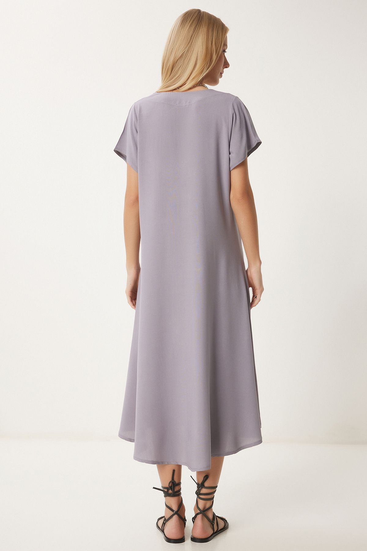 Women's Gray V -Neck Summer Casting Viscose Dress EN00612