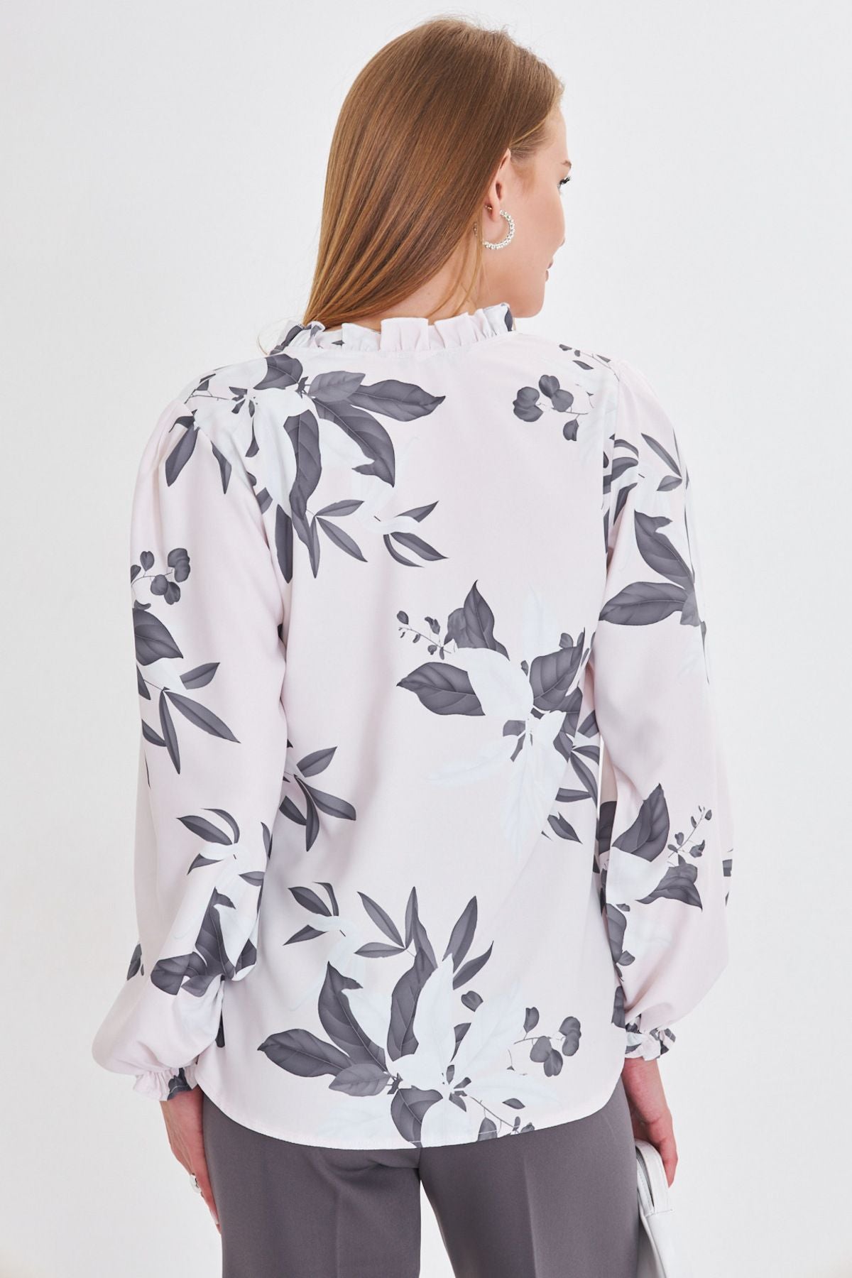 Female Gray Side and Ruffle Arms with Rubbins Long Sleeve Blouse ARM-25Y001015