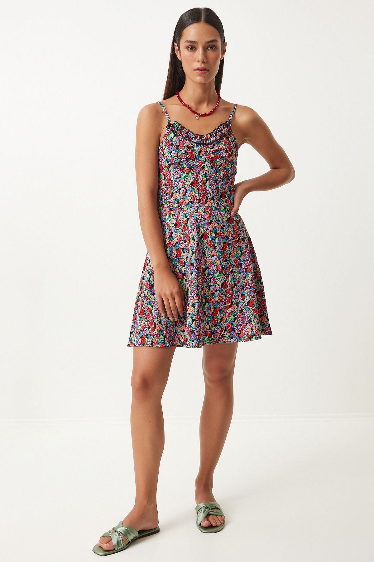 Woman Red Black Patterned Hanger Capulled Dress FN03193