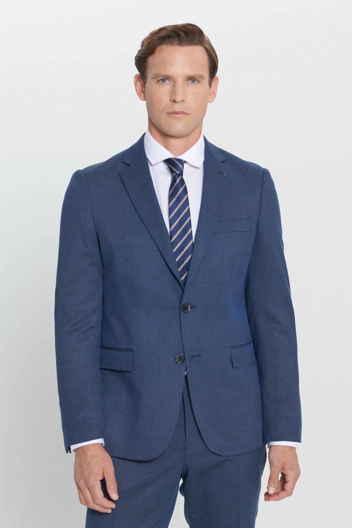 Men's navy blue regular fit comfortable cut mono collar patterned suit suits
