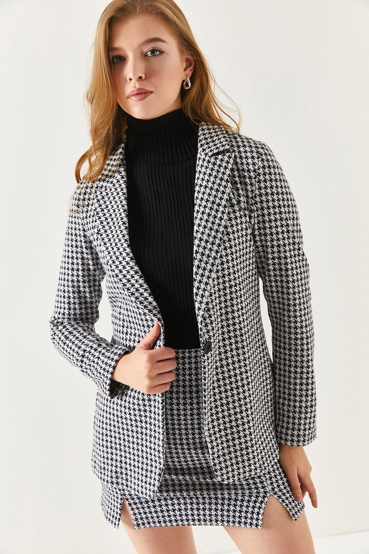 Female Black Kazayaği Pattern Single button Jacket ARM-20K001121