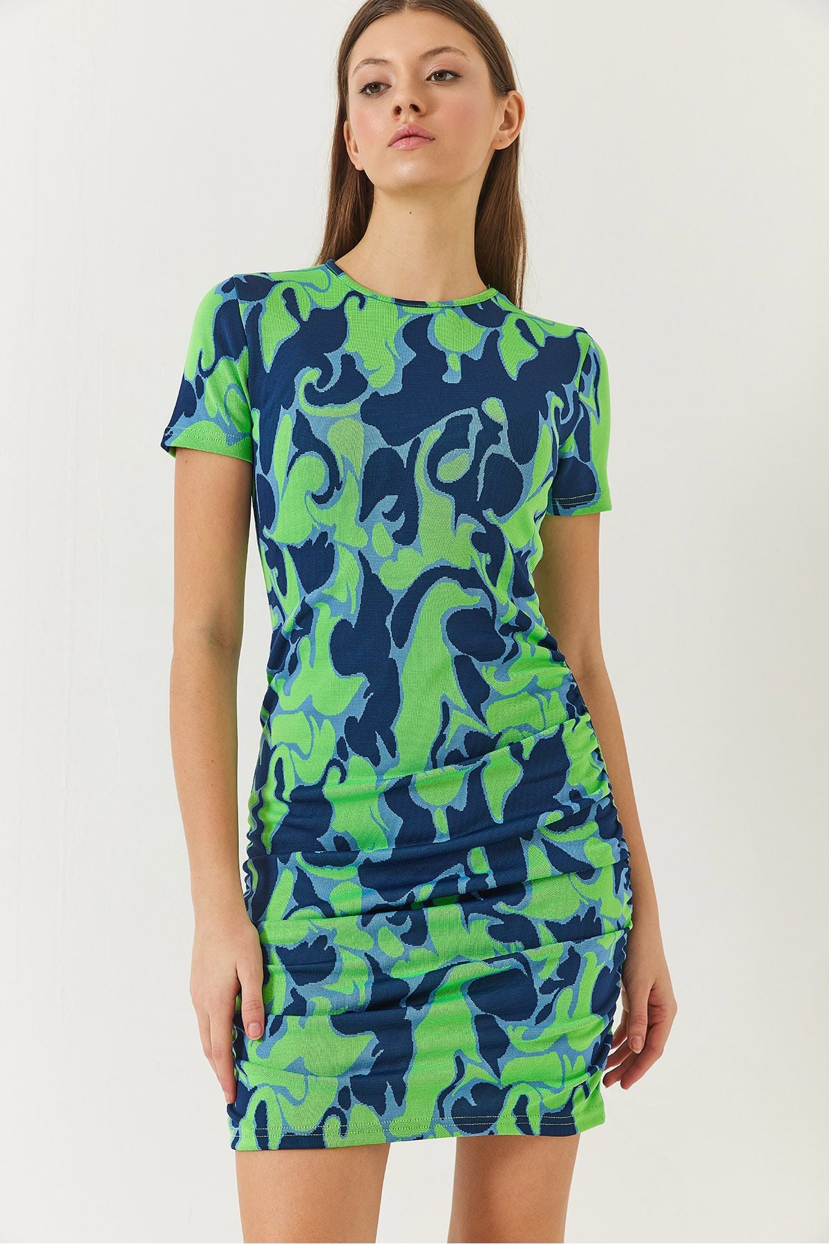 Women's Sides Shirring Detailed Short Sleeve Patterned Dress 60261385