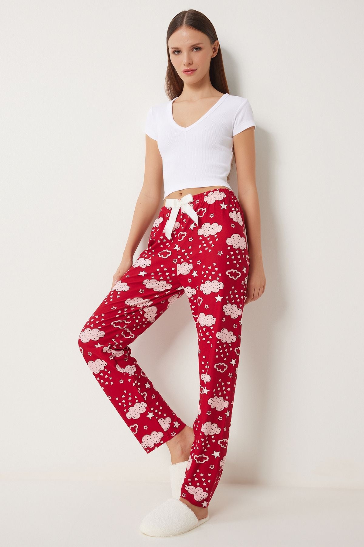 Woman Red Pink Patterned Soft textured knitting pajamas six EC00047
