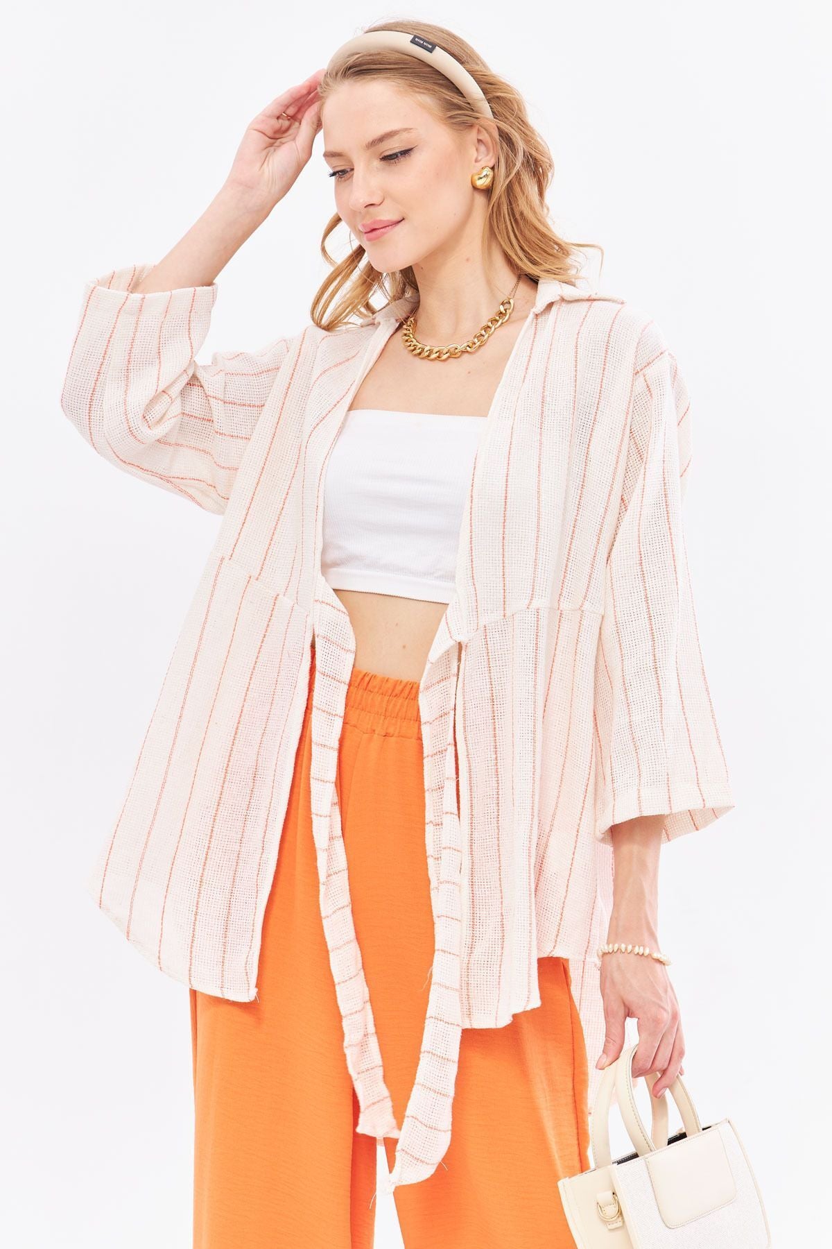 Woman Open Orange Striped front-binding Kimono Shirt ARM-24Y001091