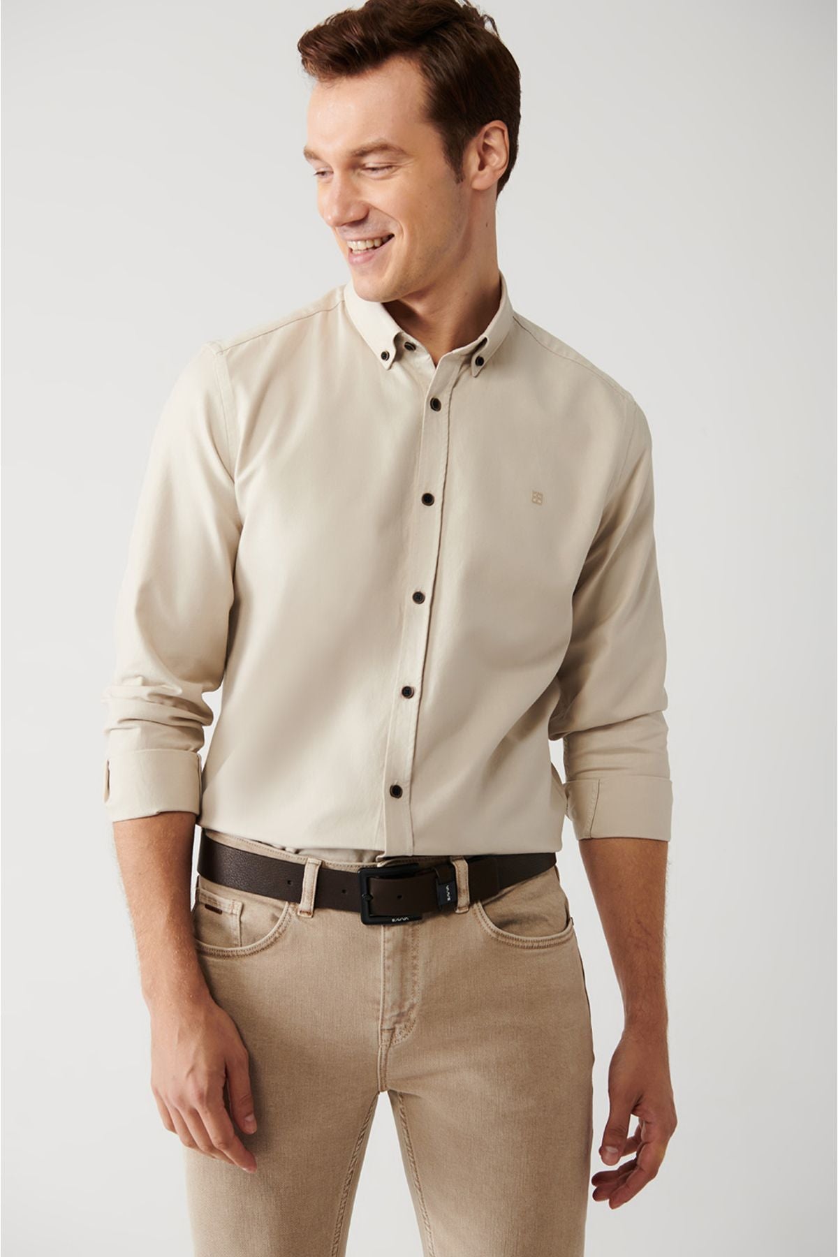 Men's beige 100 %cotton button with collar shirt A32Y2120