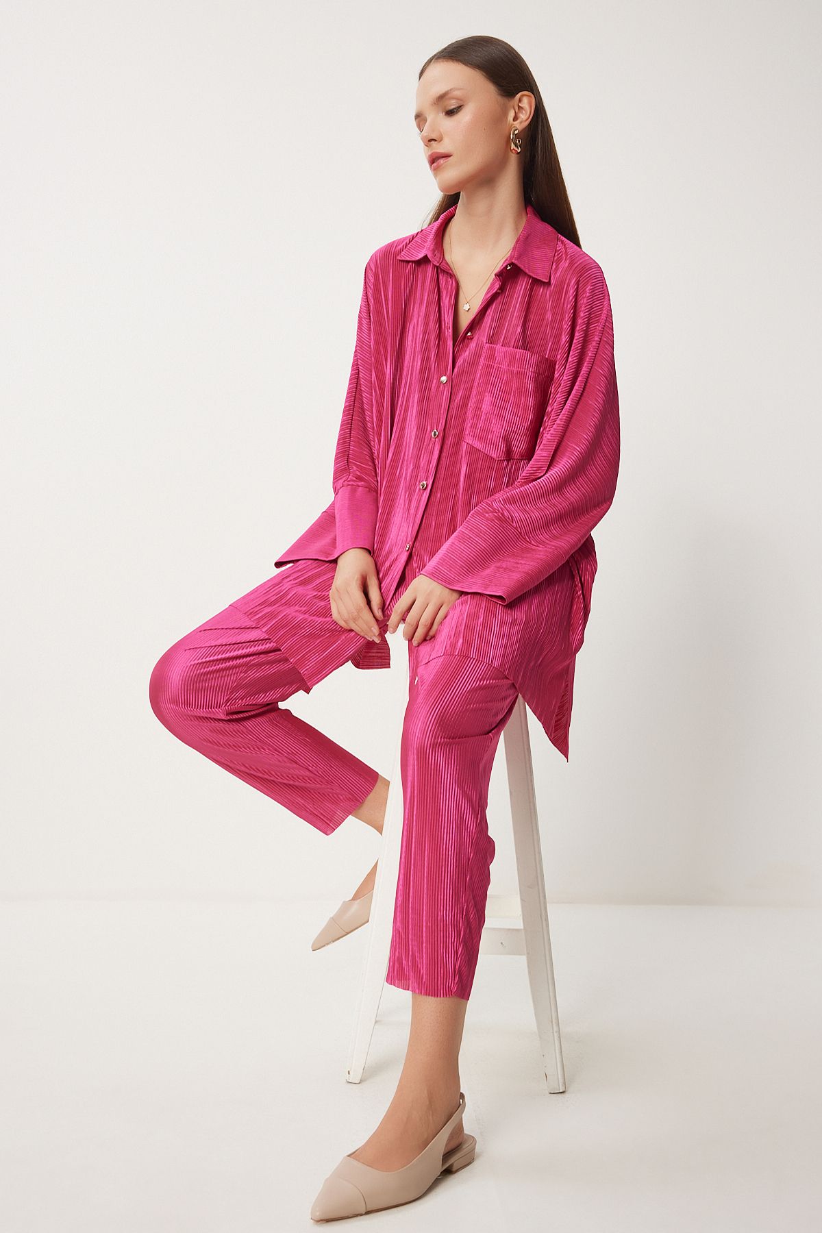 Woman Pink Stylish button pants with puffy pants set FN03234